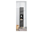 Une armoire de salle de bain gris foncé avec des détails dorés et un panier en osier.