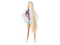 Poupée Barbie avec de longs cheveux blonds, vêtue d'une robe à fleurs.
