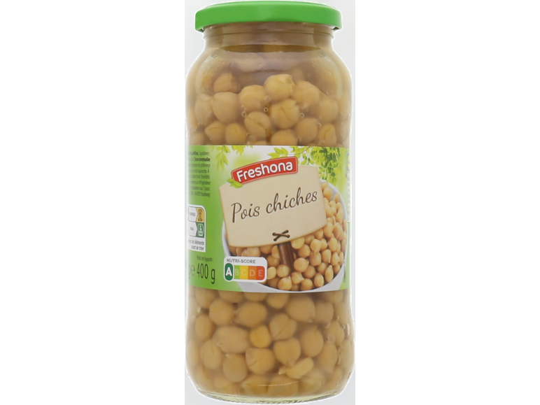 Bocal de pois chiches avec étiquette Nutri-Score A et poids net de 400g.