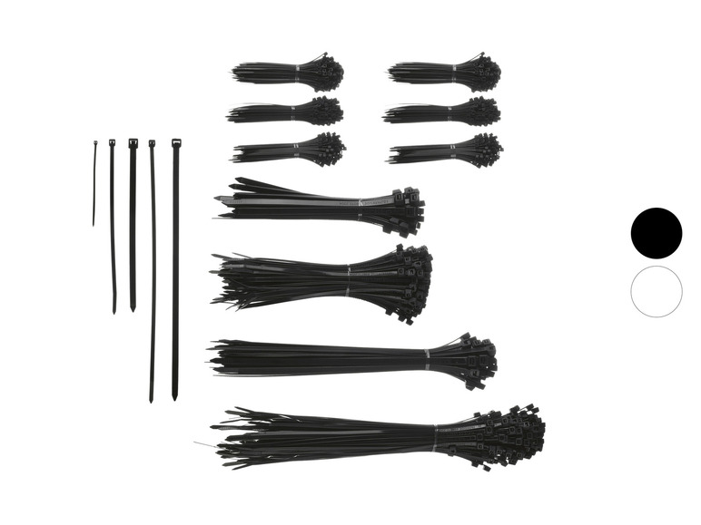 Un ensemble de colliers de serrage noirs de différentes tailles.