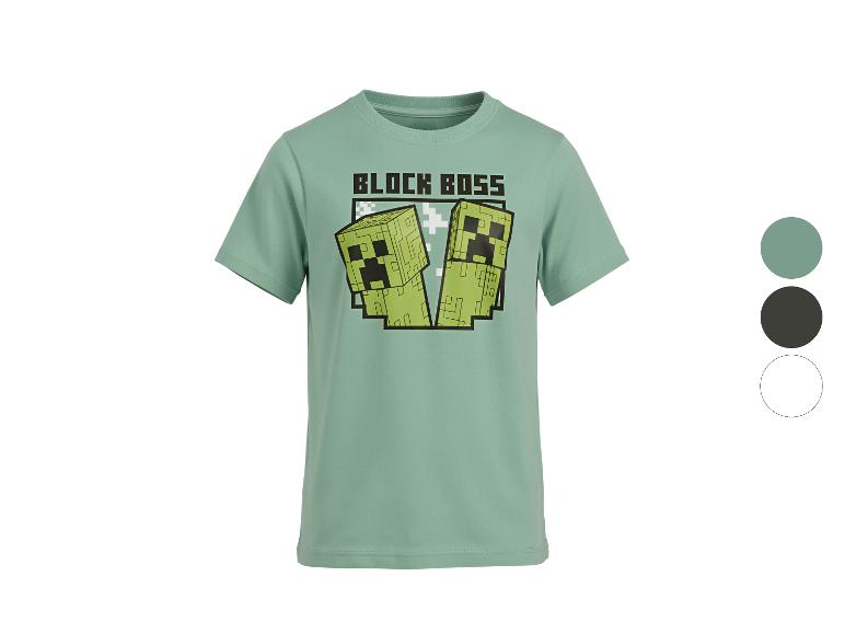 T-shirt vert avec des personnages de jeux vidéo cubiques et le texte « BLOCK BOSS ».