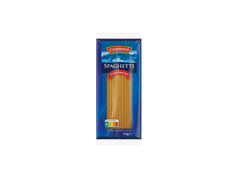 Paquet de spaghettis de semoule de blé dur, avec Nutri-score A et 1 kg.