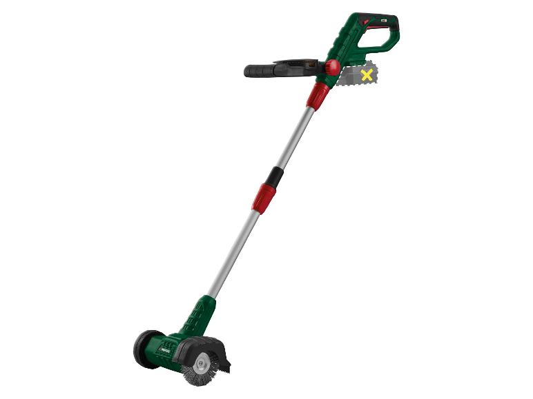 Nettoyeur de joints sans fil avec brosse et roues, vert et argent.