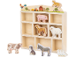 Ensemble de jeu en bois animaux de la ferme avec étagère, comprenant cochon, cheval, mouton, vache, chien, âne et canards.