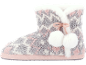 Bottes d'intérieur tricotées avec pompons, dans les tons rose, gris et blanc.