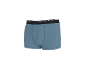 Caleçon boxer bleu avec ceinture noire et rayures blanches.