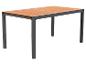 Table de jardin moderne avec plateau en bois et structure en métal gris.