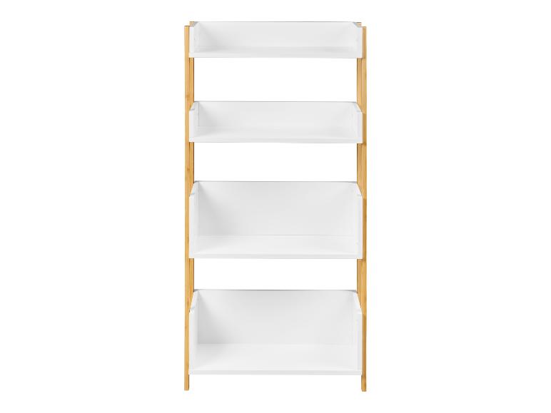 Étagère à 5 niveaux blanche et bambou sur fond blanc.