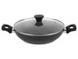 Un wok noir avec un couvercle en verre.