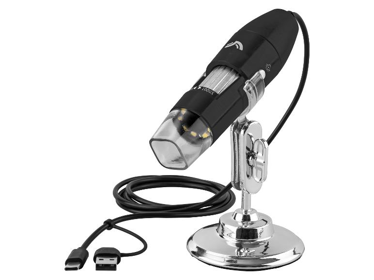 Microscope numérique USB noir avec support chromé et câble.