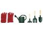 Gants de jardinage, arrosoir Parkside, râteau, cultivateur et transplantoir.