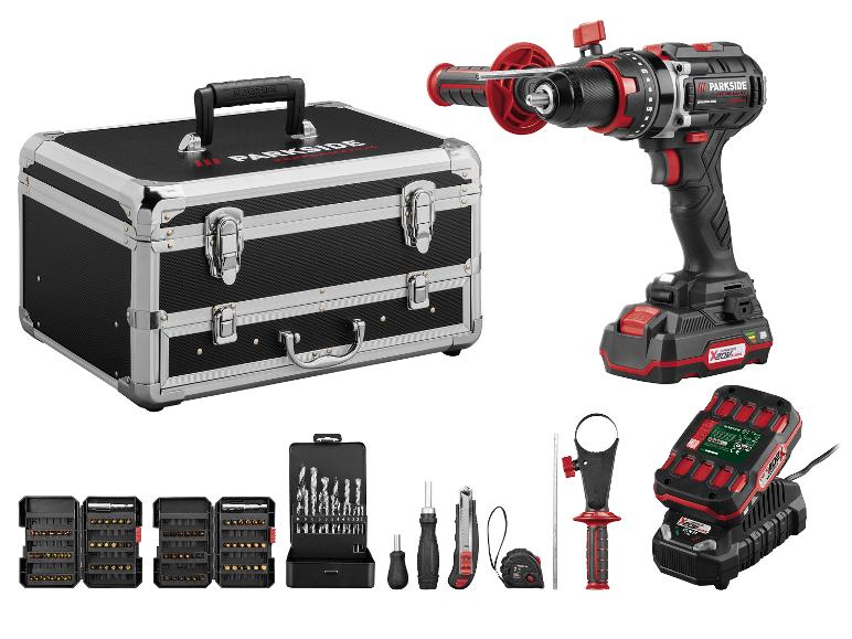 Ensemble d'outils avec perceuse-visseuse, mallette, embouts, forets et chargeur.