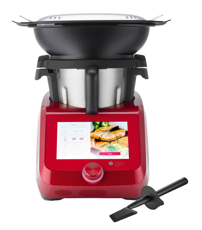 Robot culinaire multifonction avec panier vapeur et spatule.