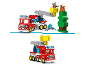 Camion de pompiers jouet avec échelle extensible, pompier et écureuil sur un arbre.