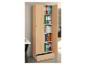 Armoire de bureau en bois ouverte avec classeurs colorés et livres d'architecture.