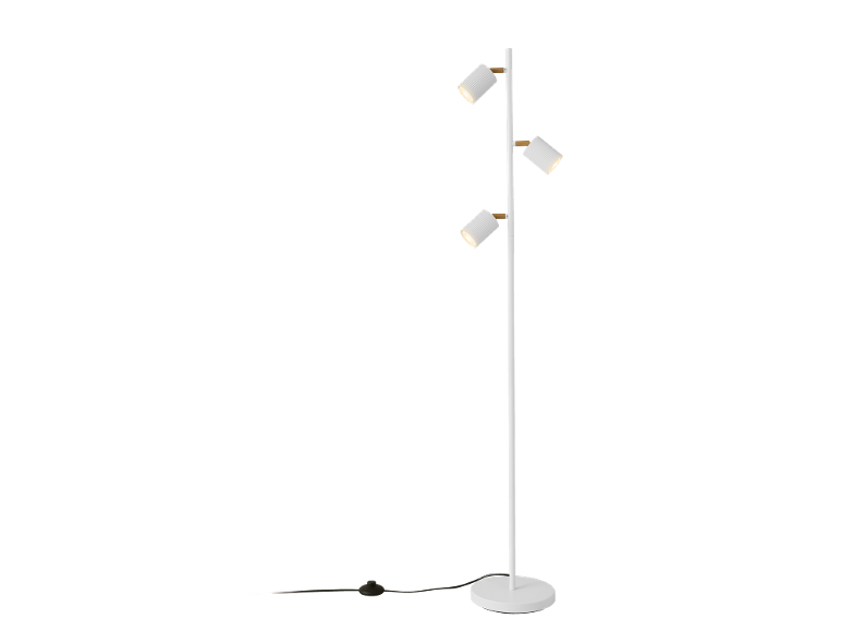 Lampadaire blanc avec trois spots réglables et accents en bois