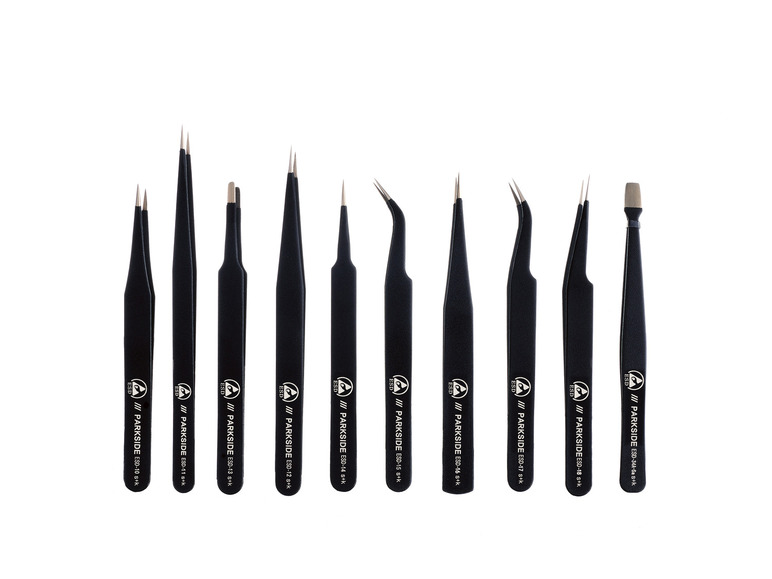 Un ensemble de neuf pinces noires Parkside, adaptées à diverses utilisations.