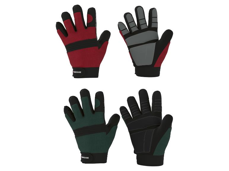Deux paires de gants de travail, une rouge et noire, l'autre vert foncé et noire.