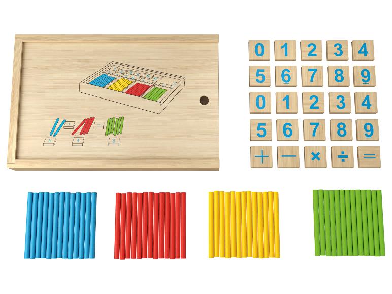 Jeu de comptage en bois avec bâtonnets colorés et blocs numériques.