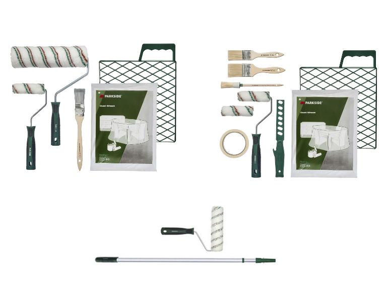 Ensemble d'outils de peinture comprenant des rouleaux, des pinceaux, une bâche anti-poussière et un manche télescopique.