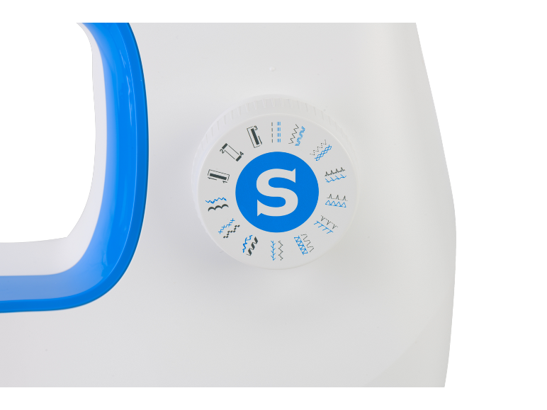 Bouton de sélection de points d'une machine à coudre avec divers motifs de couture et un grand 'S' au centre.