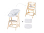 Une chaise haute en bois avec un siège rembourré gris et des coussins supplémentaires.