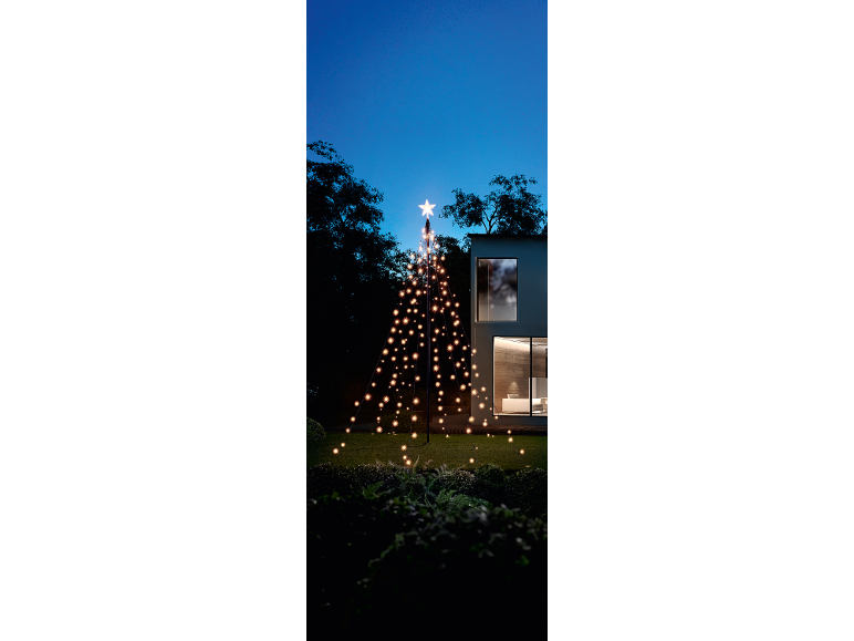 Arbre de Noël illuminé avec une étoile au sommet dans un jardin nocturne.