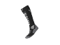 Chaussettes de ski noires avec rayures et détails gris et blancs.