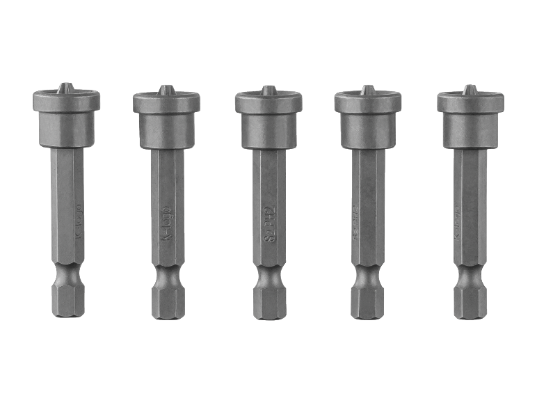 Cinq embouts de tournevis magnétiques à queue hexagonale, certains marqués 'S2 PH2'.