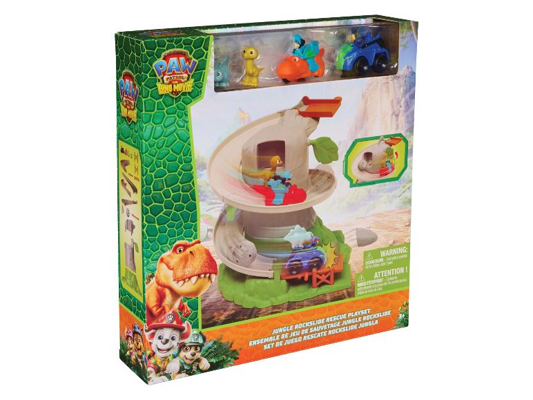 Ensemble de jeu de sauvetage de toboggan de la jungle avec figurines de dinosaures et véhicules.