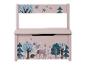 Un coffre à jouets rose pour enfants avec un motif d'animaux de la forêt.