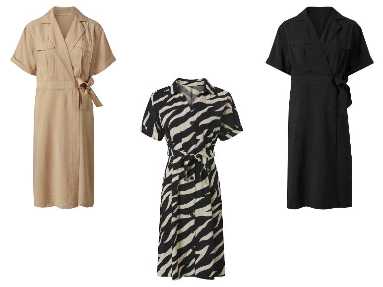 Trois robes à manches courtes pour femmes : beige, zèbre noir et blanc et noire.