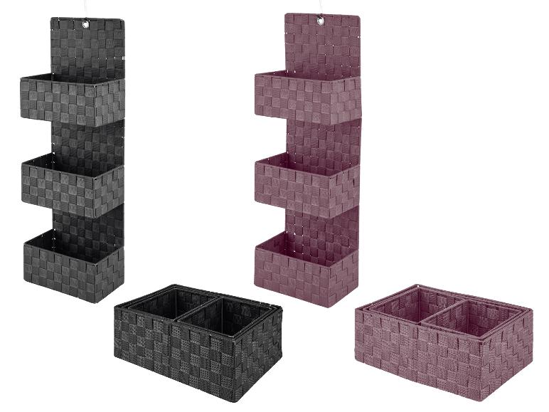 Panier de rangement noir et bordeaux avec possibilité d'accrochage mural.