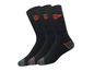 Trois paires de chaussettes noires avec un logo orange.