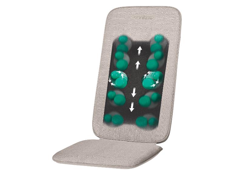 Housse de siège de massage beige avec têtes de massage mobiles et flèches directionnelles.