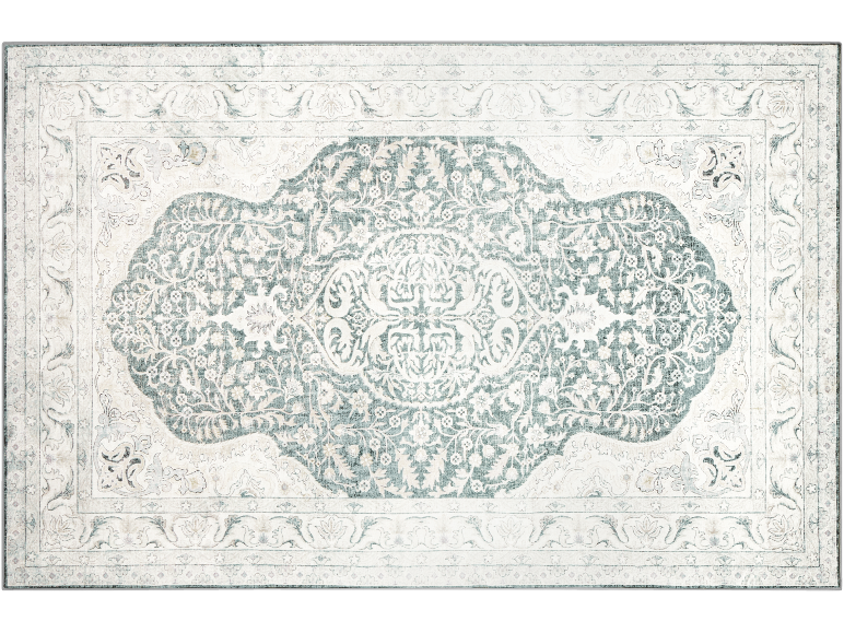 Tapis bleu clair et blanc à motifs floraux ornementés.