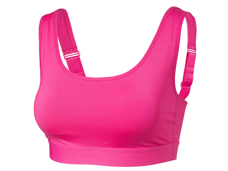 Un soutien-gorge de sport rose avec des bretelles larges.