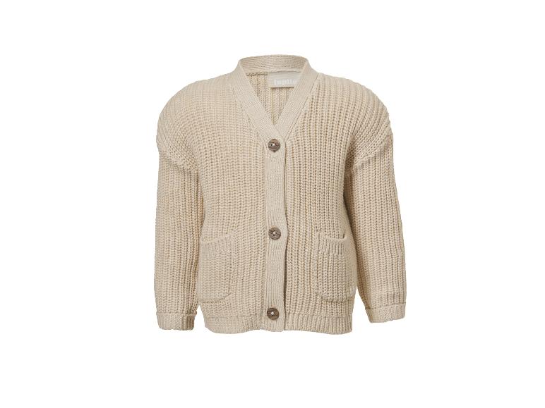 Cardigan en maille beige avec col en V, boutons et poches.