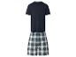 Pyjama homme avec un t-shirt bleu foncé et un short à carreaux verts et blancs.