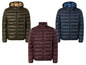 Trois vestes matelassées avec capuche de couleurs différentes.