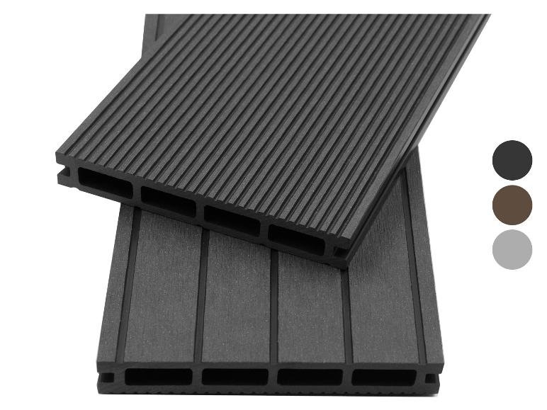 Lames de terrasse composites anthracite, avec chambres creuses visibles.