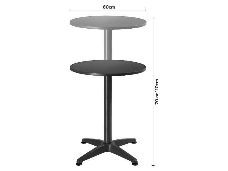 Table de bar réglable en hauteur avec plateau de 60 cm de diamètre, 70 ou 110 cm de haut.