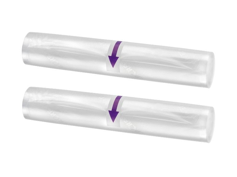 Deux rouleaux de sacs de mise sous vide avec des flèches violettes