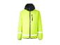 Veste de sport jaune fluo avec capuche noire et détails réfléchissants.
