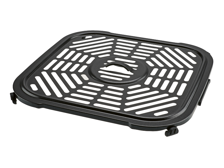 Grille de cuisson noire perforée pour friteuse à air chaud, avec poignée centrale.