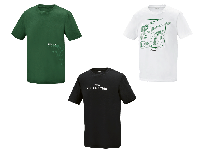 Trois t-shirts Parkside : vert, blanc et noir.