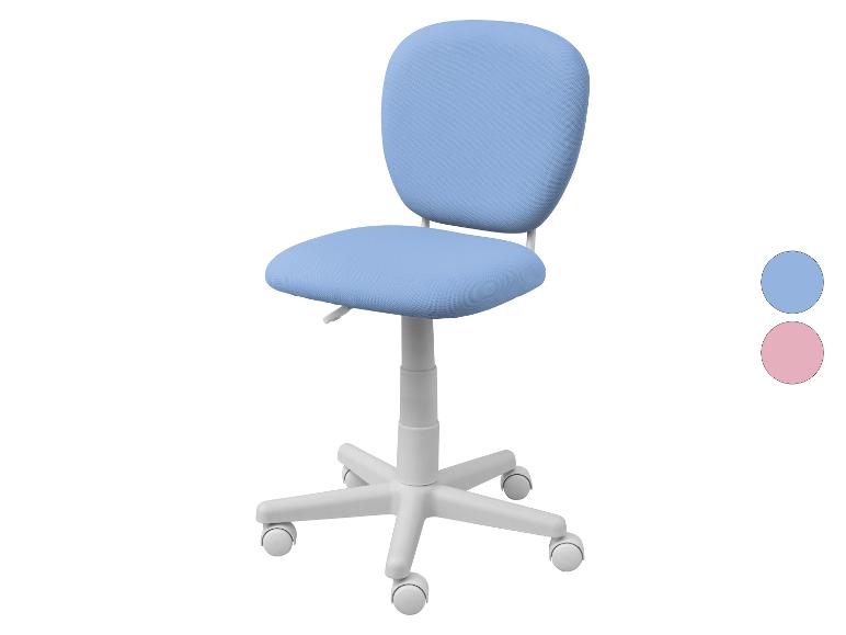 Chaise de bureau pivotante pour enfant en tissu bleu avec base blanche à roulettes.