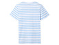 Un t-shirt blanc à rayures bleues.