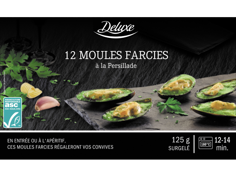 Moules farcies surgelées à la persillade, 12 pièces, 125g, prêtes en 12-14 min.