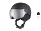 Casque de ski noir avec visière miroir et sangle réglable, avec options de couleur noire et blanche.